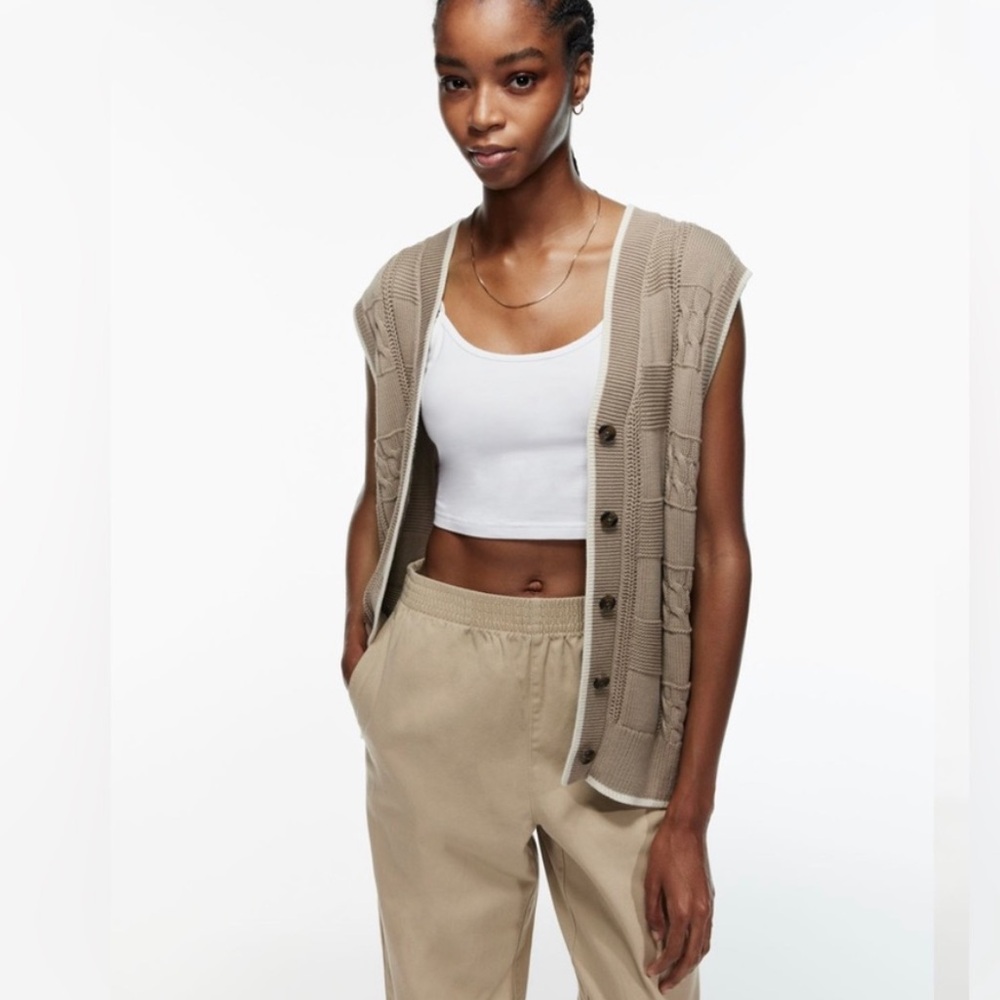 TNA Cable Knit Button-Up Vest Tan With Cream Accent
